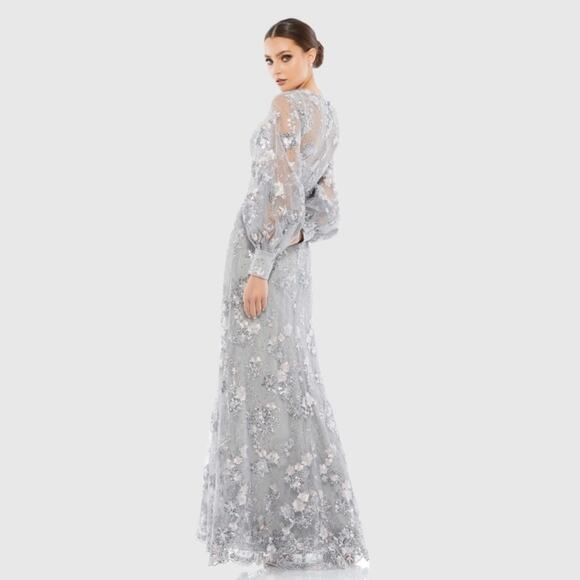 Mac Duggal 67936 Platinum Embellished High Neck Bishop Sleeve Gown Size 18 UB - Picture 4 of 9